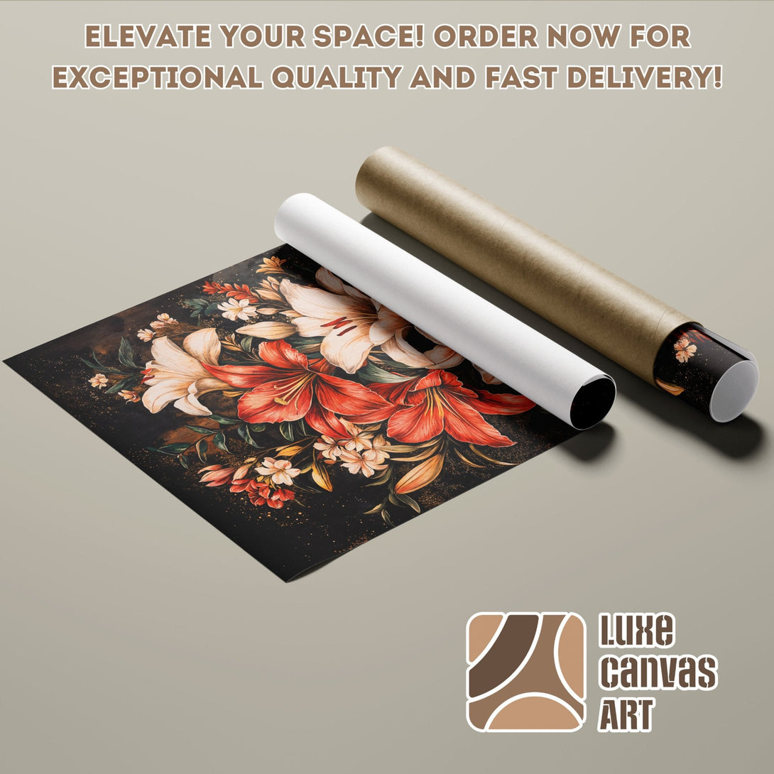 Floral Poster Roll, vibrant red and white lilies on a dark background, modern art style.