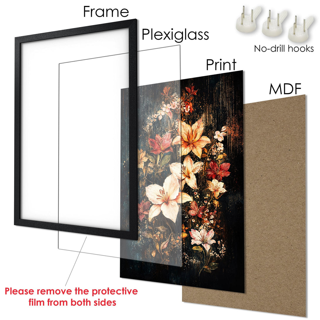 Framed Poster with floral art. Dark, moody style with warm colors. Perfect wall decor!