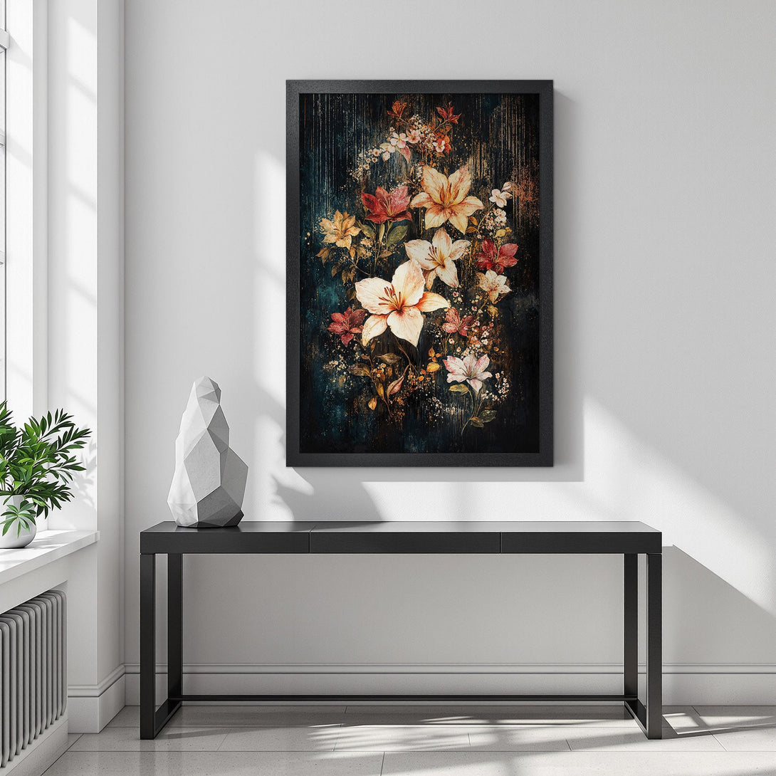Framed Poster featuring floral art in a dark, moody style with a warm color palette. Perfect for adding elegance to your space.