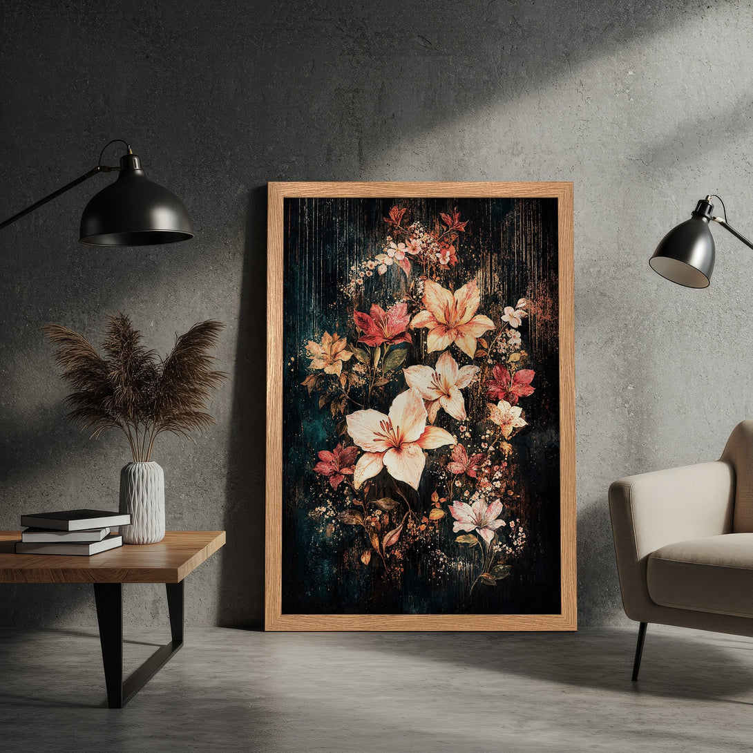 Framed Poster featuring a floral watercolor design with a dark, moody background and a warm color palette. Perfect wall art for your home!