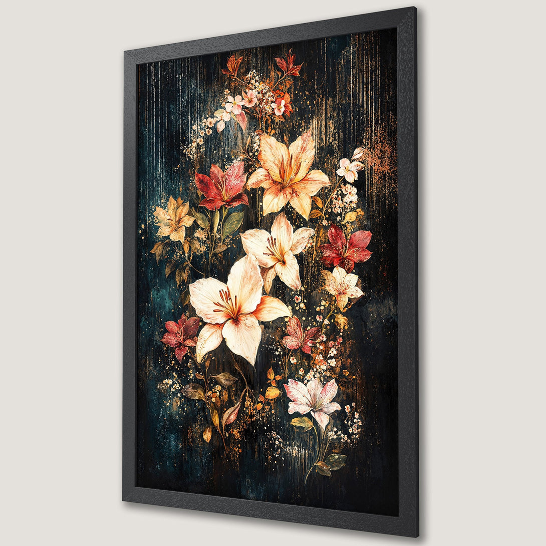 Framed Poster featuring floral art in a watercolor style, with a dark teal and gold color palette, perfect for home decor.
