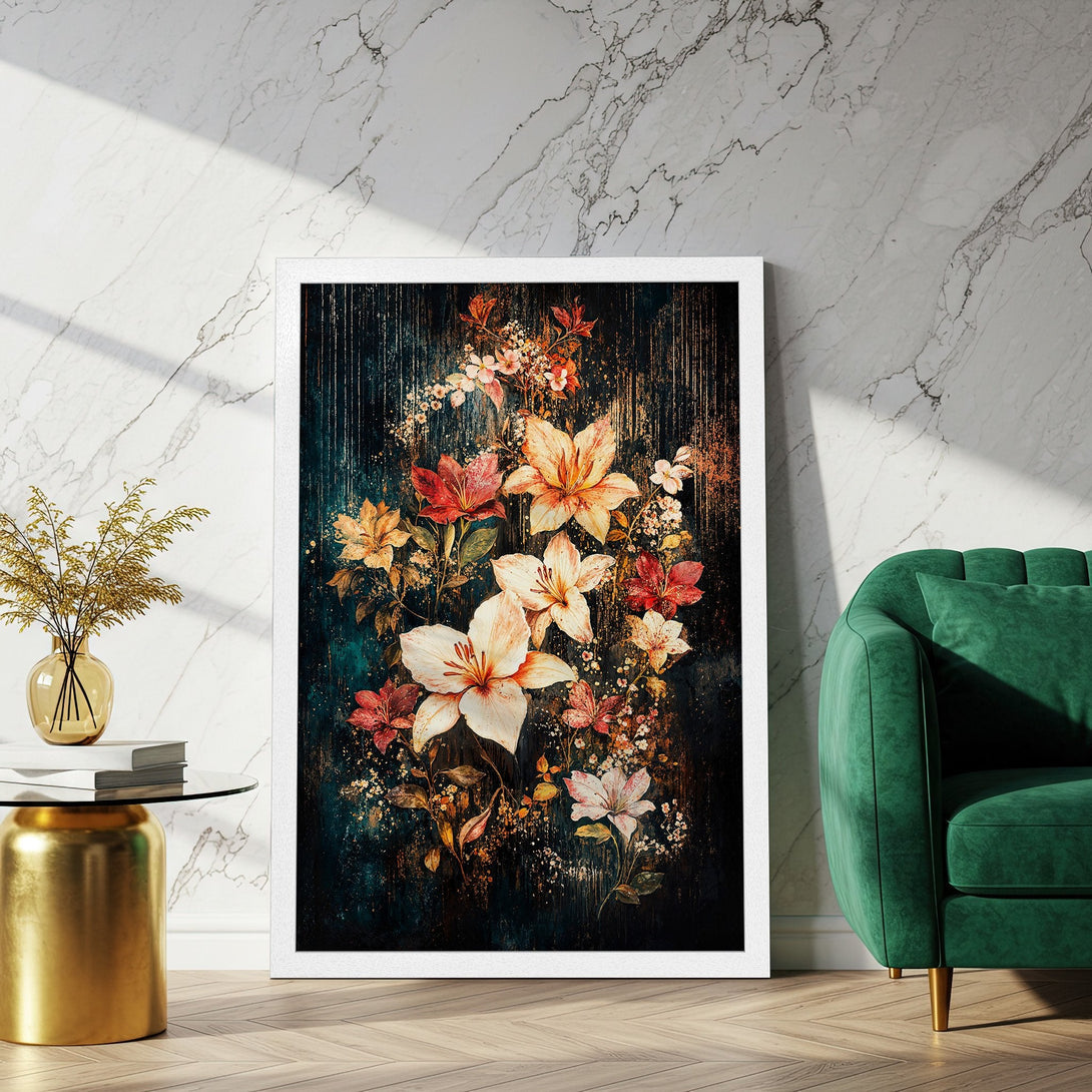Framed Poster of floral art in a dark teal and gold color palette. Perfect wall decor for a modern home.
