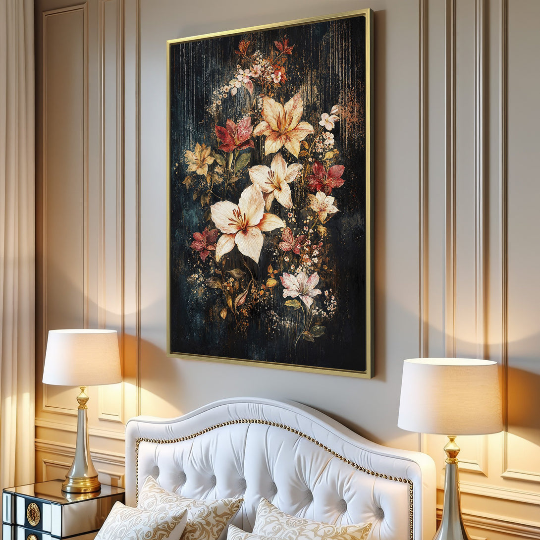 Canvas Print of floral art in a moody, vintage style. Features a dark teal background with cream, red, and gold flowers. Perfect wall decor!