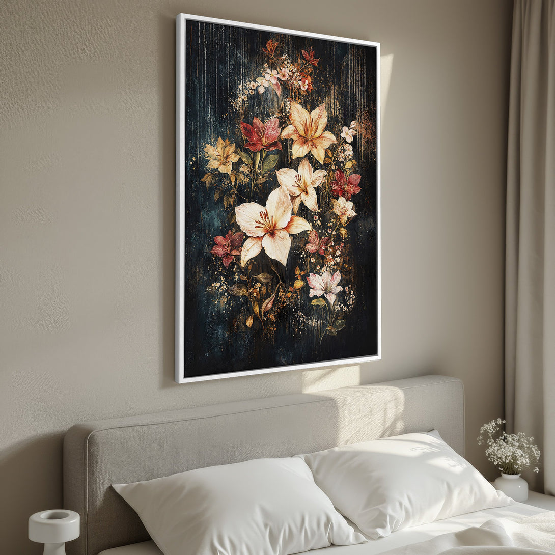 Framed Wall Art featuring a floral painting with a dark, moody background. Rich colors of red, cream, and gold create a sophisticated, artistic statement.