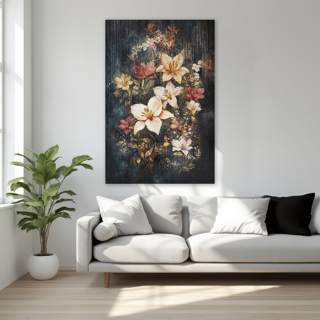 Framed Wall Art featuring elegant floral art in a dark, moody style with a warm color palette. Perfect for adding a touch of luxury to your space.