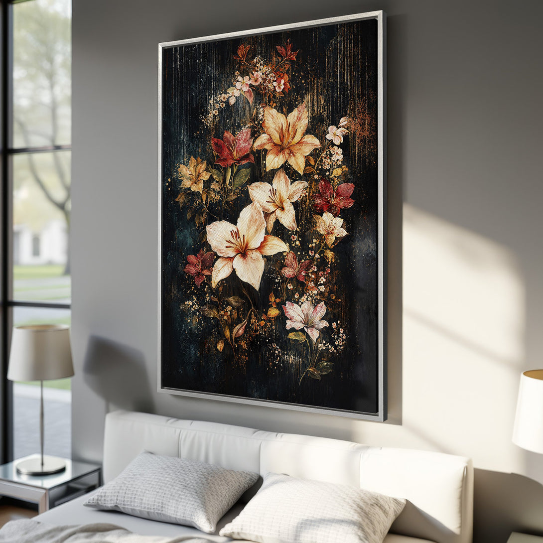 Framed Wall Art: Elegant floral canvas print in a dark, moody style. Features warm, earthy tones and a stunning botanical design. Perfect for bedroom decor.