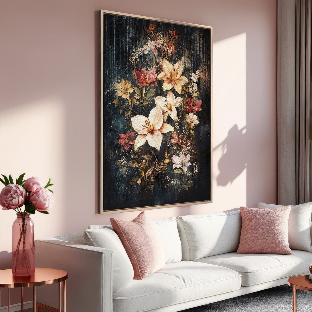 Framed Wall Art featuring a floral still life in a moody, painterly style. The color palette includes deep blues, blush pinks, and warm yellows.