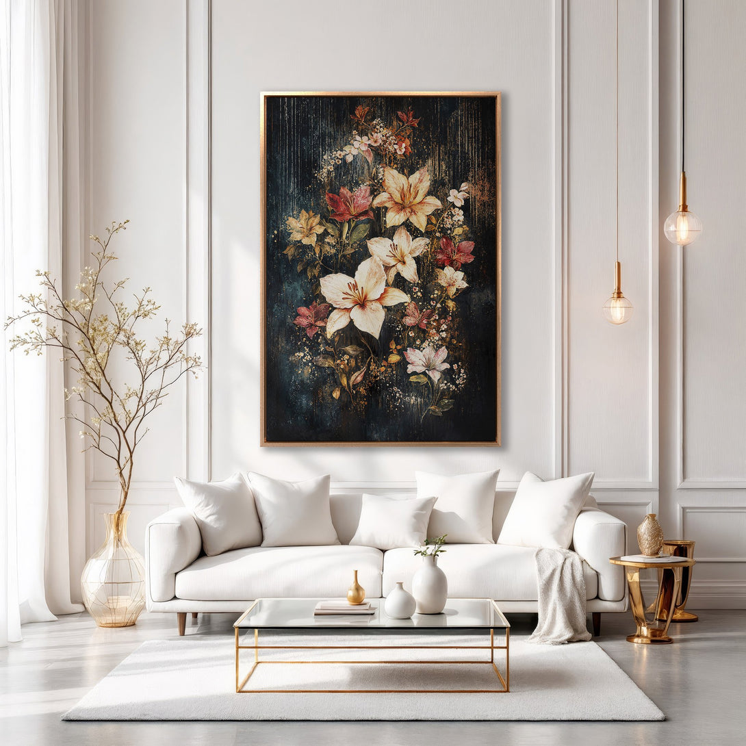 Framed Wall Art featuring floral artwork in a dark, moody style with white, red, and gold accents. Perfect for adding elegance to any interior.