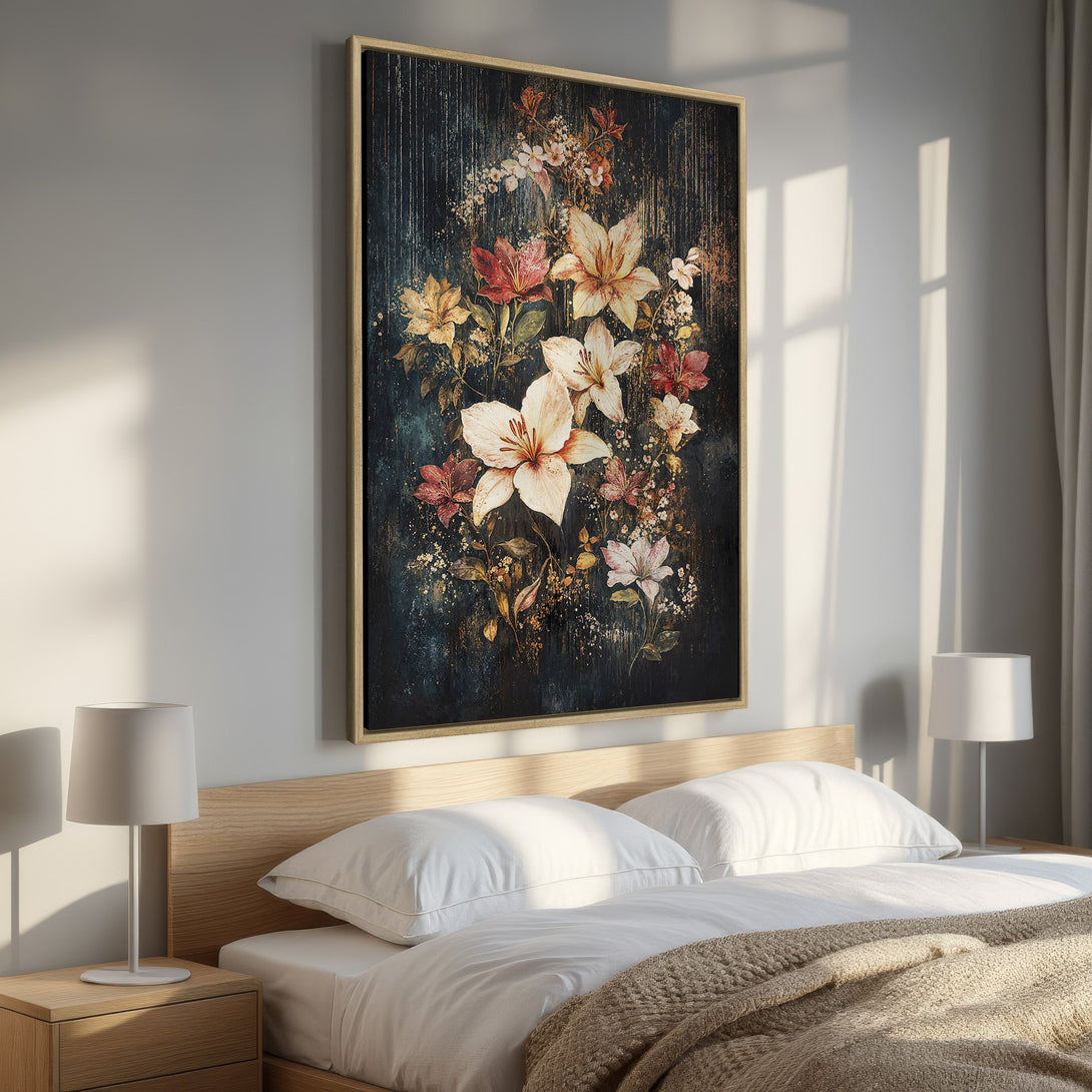 Framed Wall Art featuring a floral abstract design in a dark, moody palette with warm tones. Perfect bedroom decor!