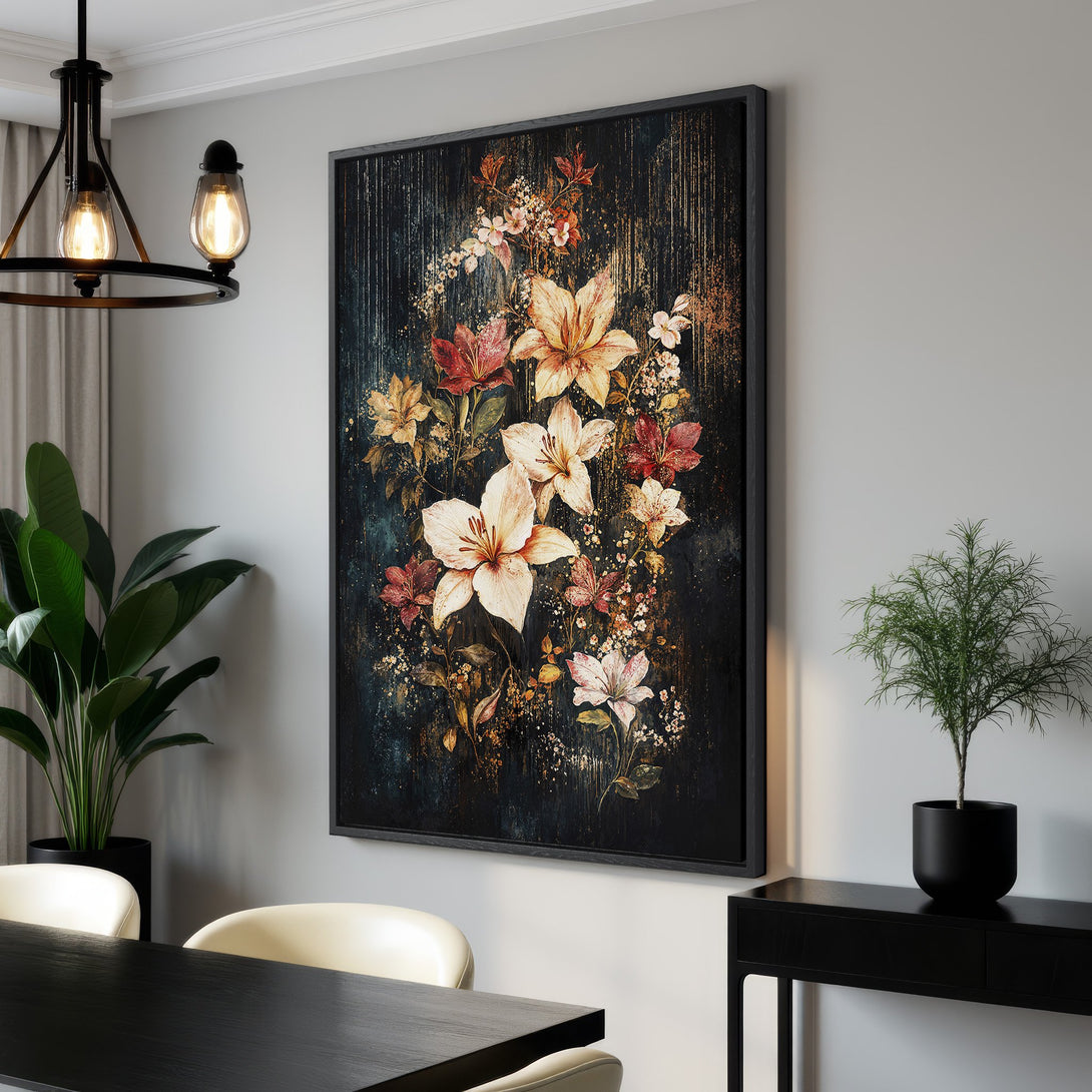 Framed Wall Art: Elegant floral Canvas Print with a dark, moody background and a warm color palette of cream, red, and gold, perfect for home decor.