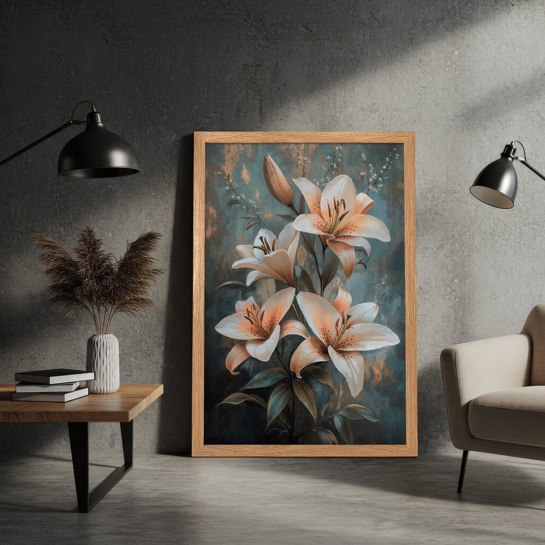 Framed Poster featuring elegant lily floral art in a teal and peach color palette. Perfect for modern home decor.