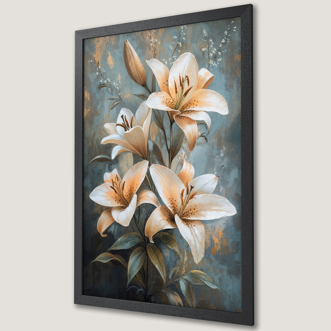 Framed Poster featuring elegant lily floral art in a muted blue, gold, and cream color palette, perfect for home decor.