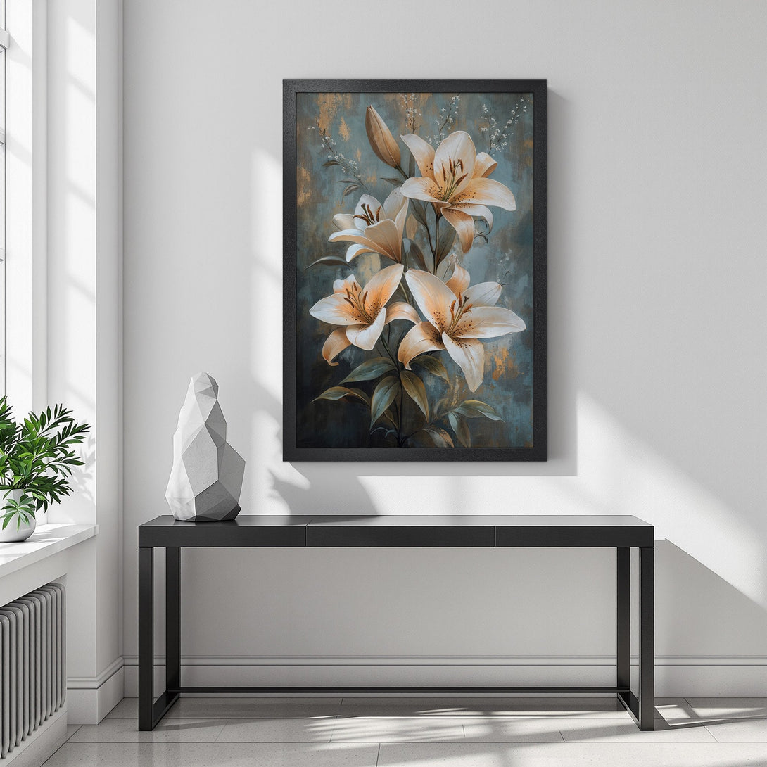 Framed Poster featuring elegant lily flowers in a vintage style with a teal and gold color palette, perfect for home decor.