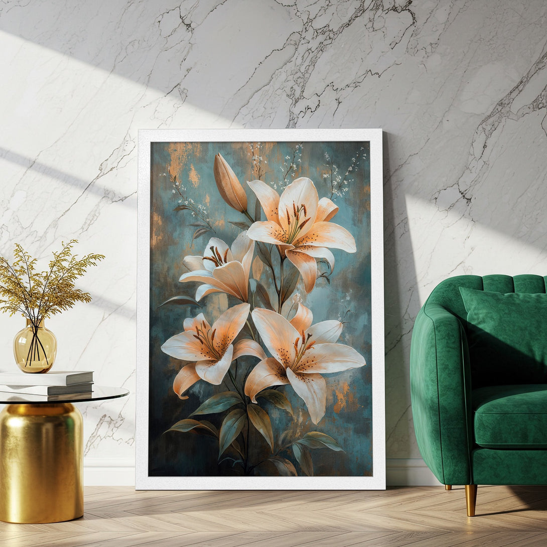 Framed Poster featuring elegant lily flowers in a teal, gold, and cream color palette. Perfect floral art for your home decor.