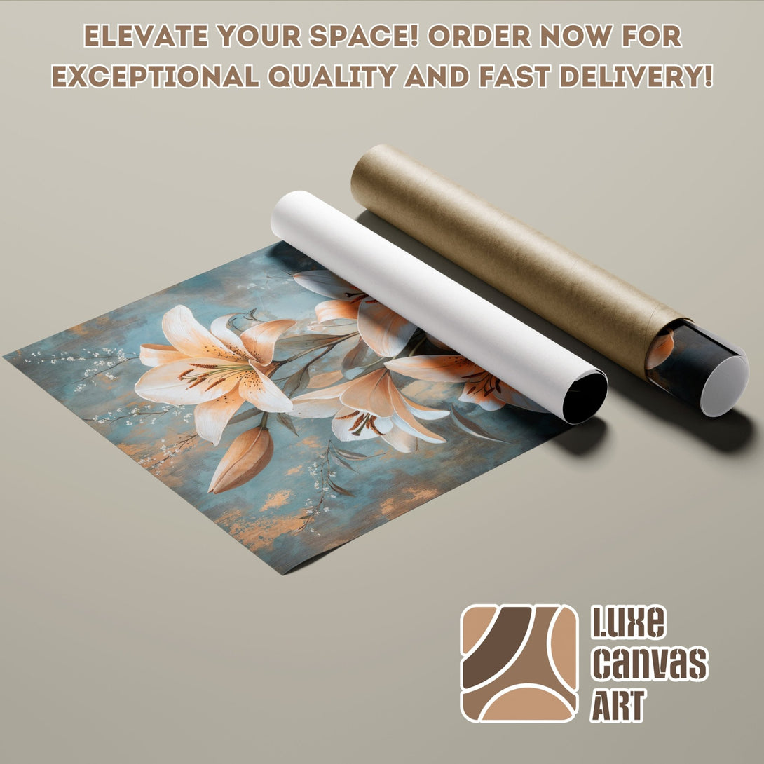 Poster Roll featuring floral art in teal, beige, and brown tones. Elevate your space with this stunning art print! Order now!