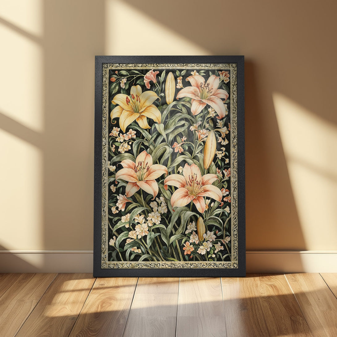 Framed Poster featuring elegant floral art with lilies in a vintage style, showcasing a warm, earthy color palette. Perfect wall decor.