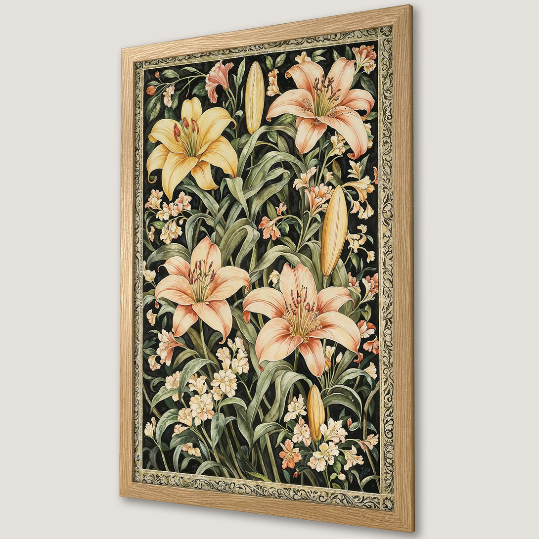 Framed Poster featuring a floral design with lilies. Vintage style, warm color palette of peach, yellow, and green on a black background. Perfect wall art.