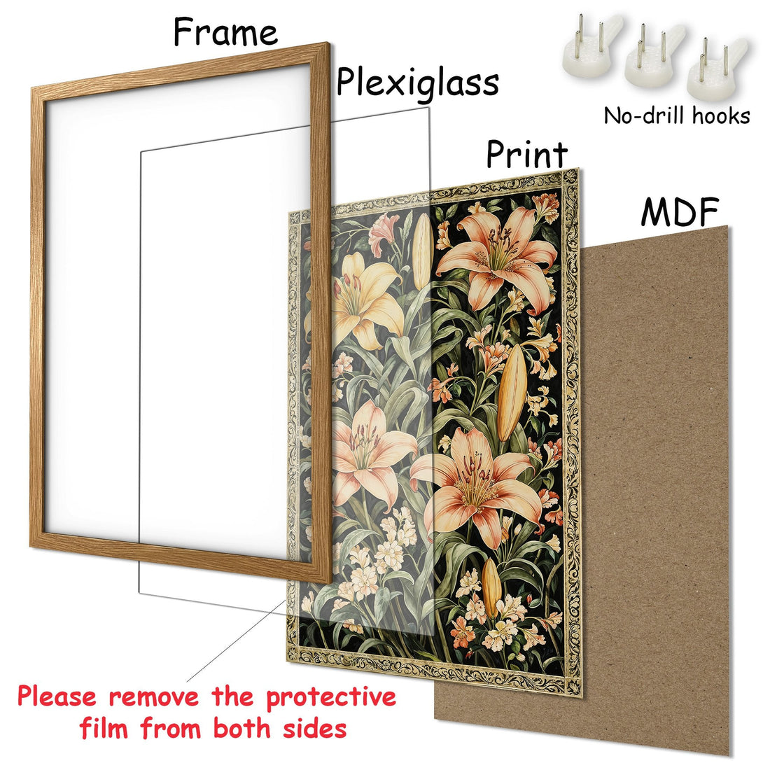 Framed Poster featuring floral art in a vintage style with a black and gold color palette. Perfect wall decor!