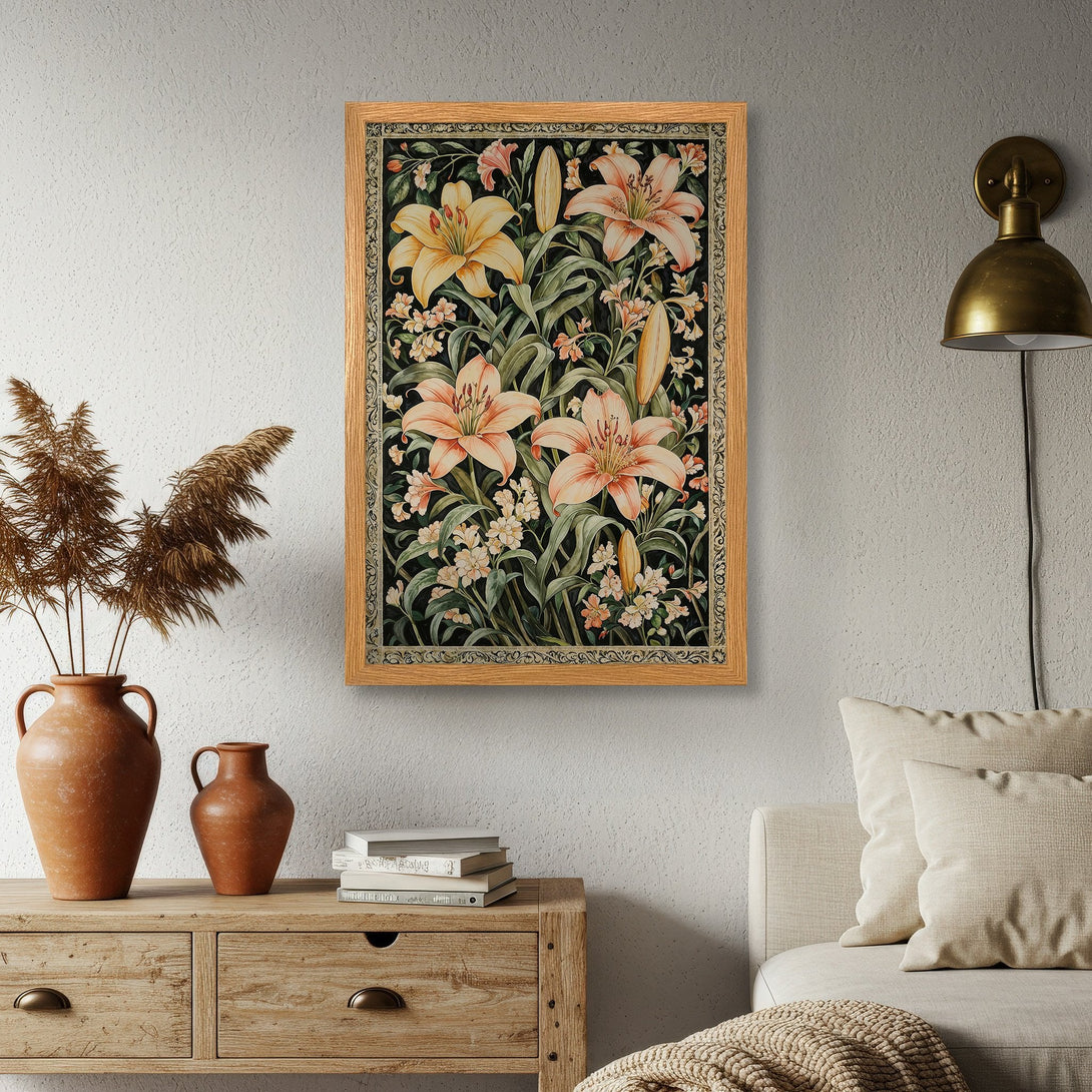 Framed Poster featuring a floral design in a vintage style, with a black, peach, and yellow color palette. Perfect wall art!