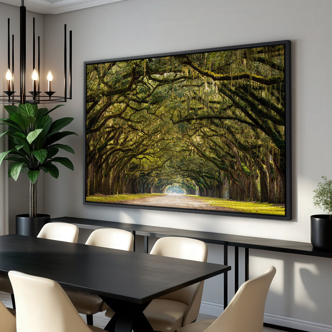 Framed Wall Art: Scenic tree-lined avenue canvas print in a dining room. Lush green and gold color palette, perfect for nature lovers. Shop now!