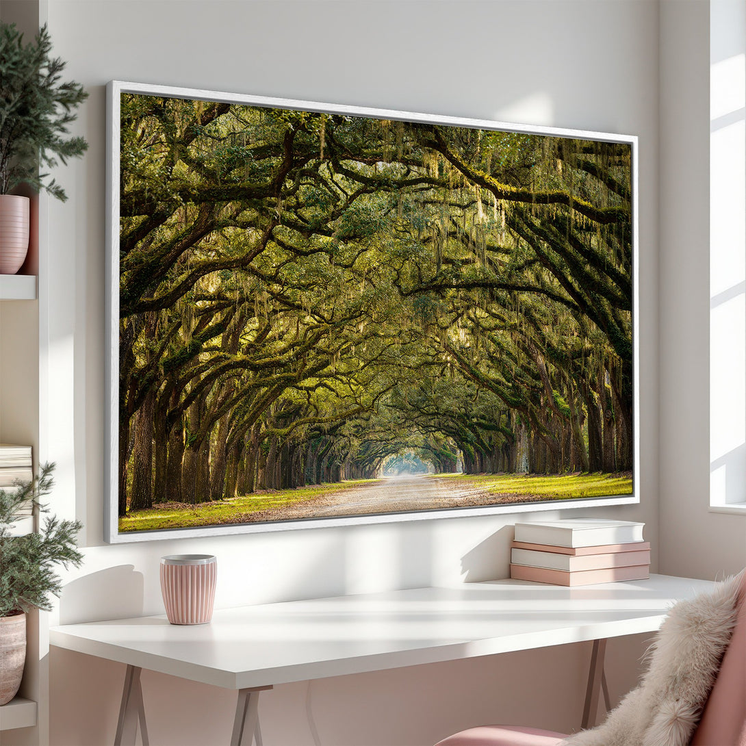 Framed Wall Art of a scenic tree-lined road. Earthy green and gold tones create a peaceful, nature-inspired aesthetic for your home decor.