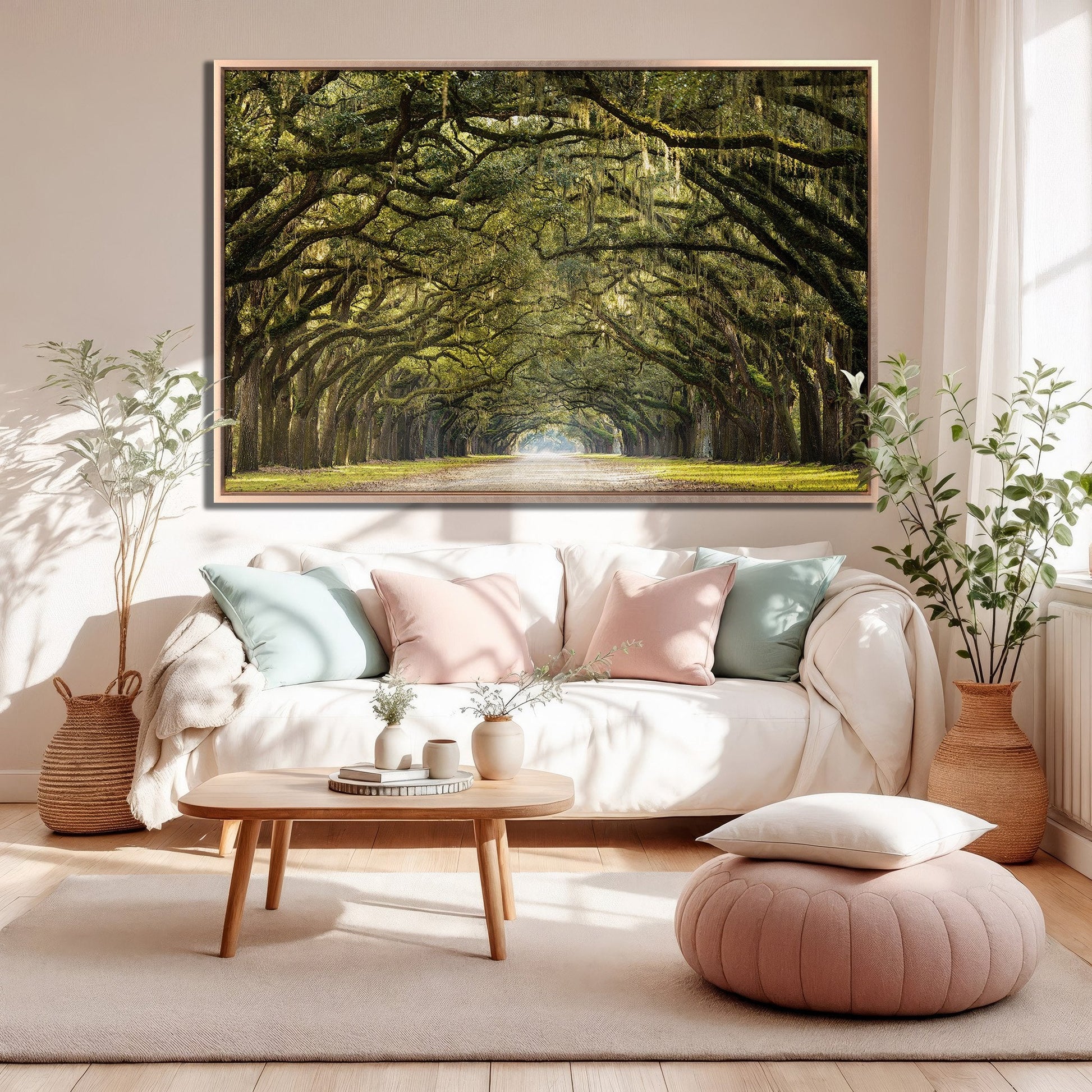 Line of Green Oak Trees Canvas Print Wall Art