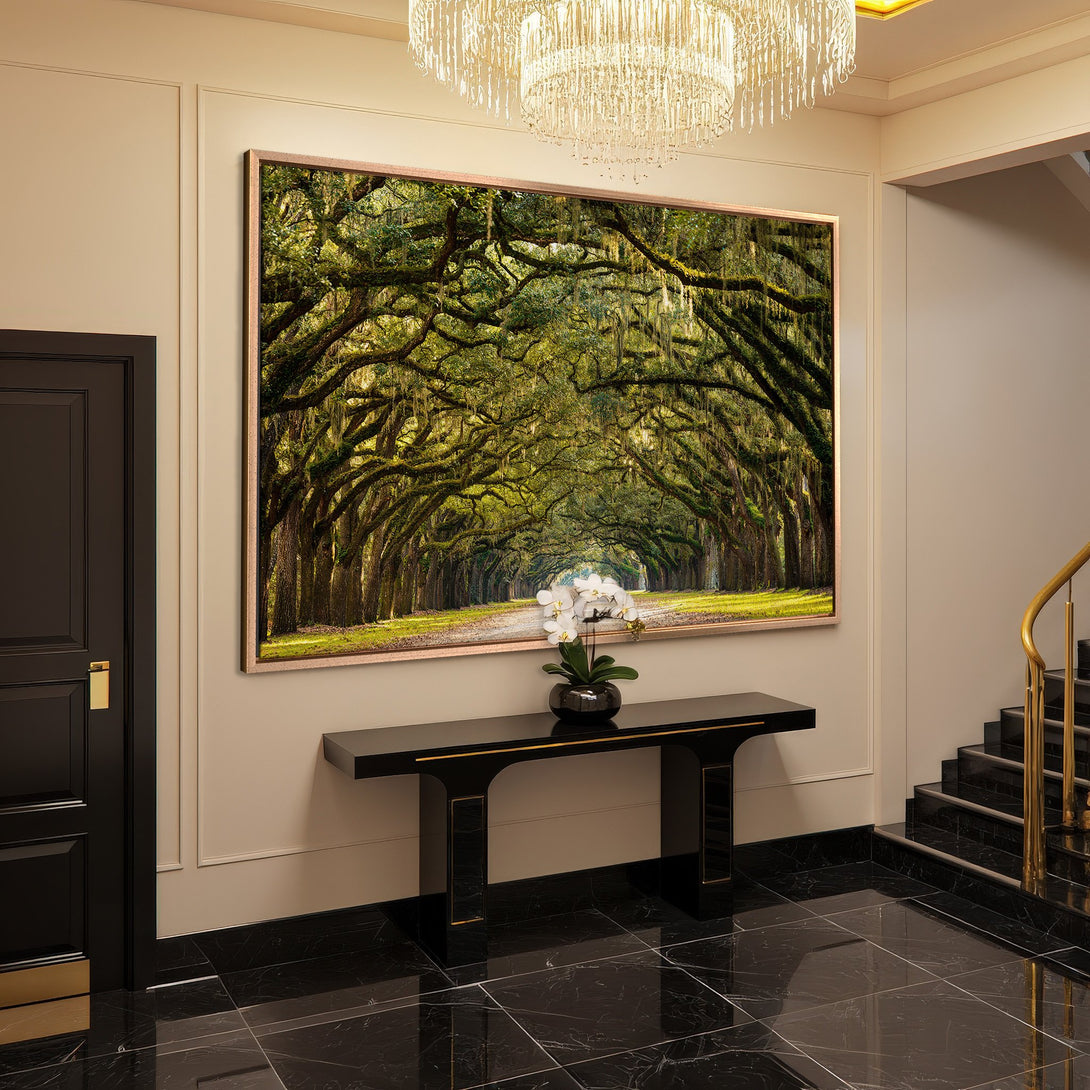 Framed Wall Art: Stunning tree-lined avenue Canvas Print in a luxurious interior. Green and gold tones create a serene, elegant ambiance.