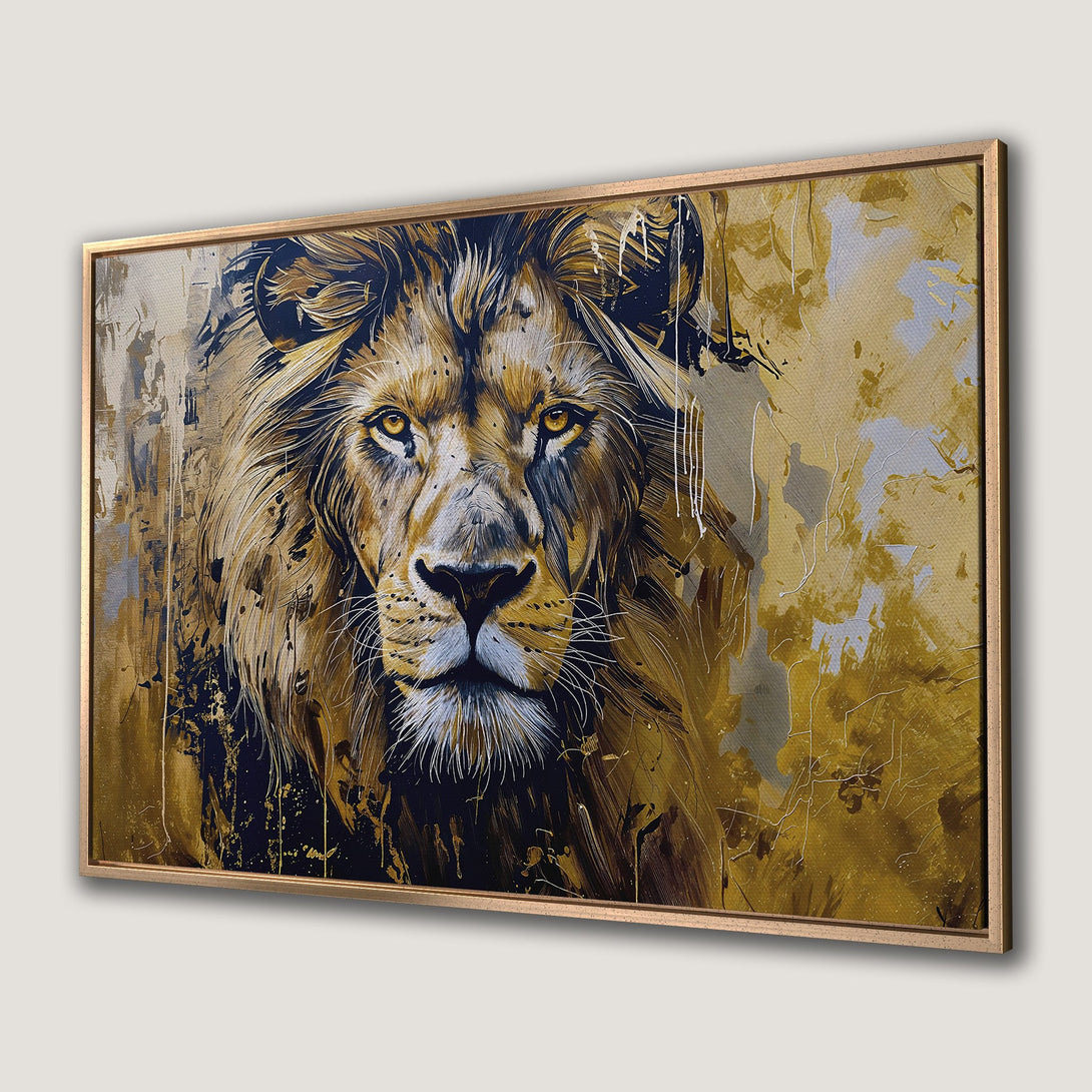 Framed Wall Art featuring a majestic lion. Abstract style with a gold, black, and yellow color palette. Perfect for modern home decor.