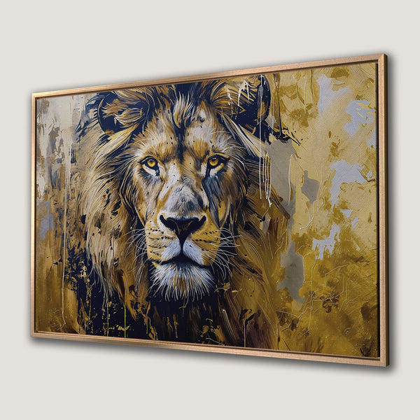 Framed Wall Art featuring a majestic lion. Abstract style with a gold, black, and yellow color palette. Perfect for modern home decor.