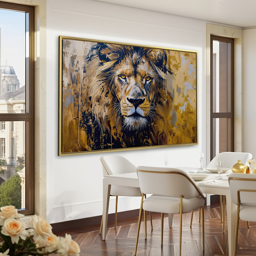 Canvas Print of a majestic lion in gold and brown tones, adding a touch of luxury to any space. Perfect wall art!