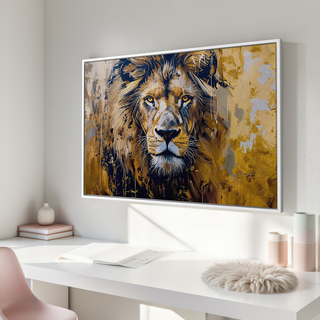 Framed Wall Art featuring a majestic lion in a modern, abstract style with a warm gold and brown color palette. Elevate your space!