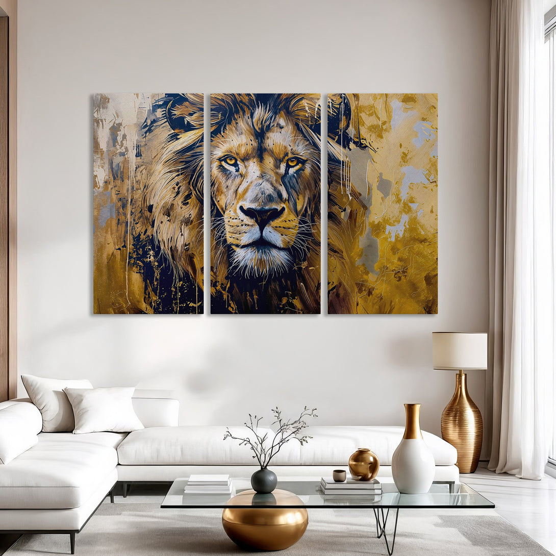 Canvas Print of a majestic lion, modern abstract style, gold and navy color palette, perfect for living room decor.