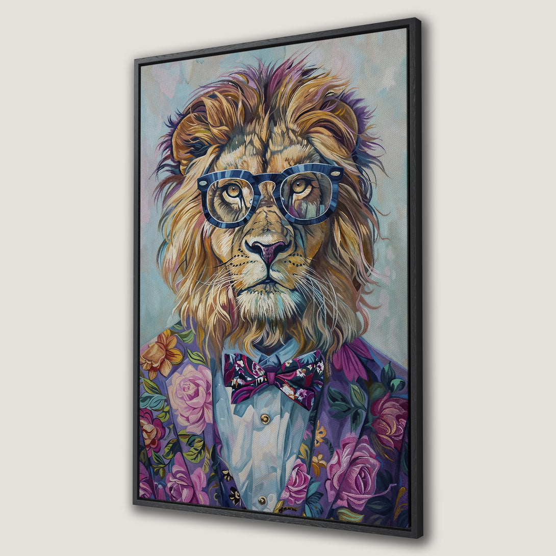 Framed Wall Art: Hipster lion wearing glasses and floral suit. Colorful canvas print with purple, pink, and gold tones. Unique wall decor for your home.