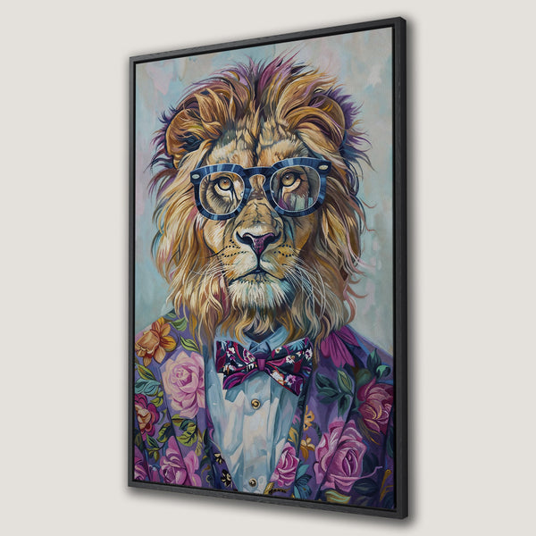 Framed Wall Art: Hipster lion wearing glasses and floral suit. Colorful canvas print with purple, pink, and gold tones. Unique wall decor for your home.
