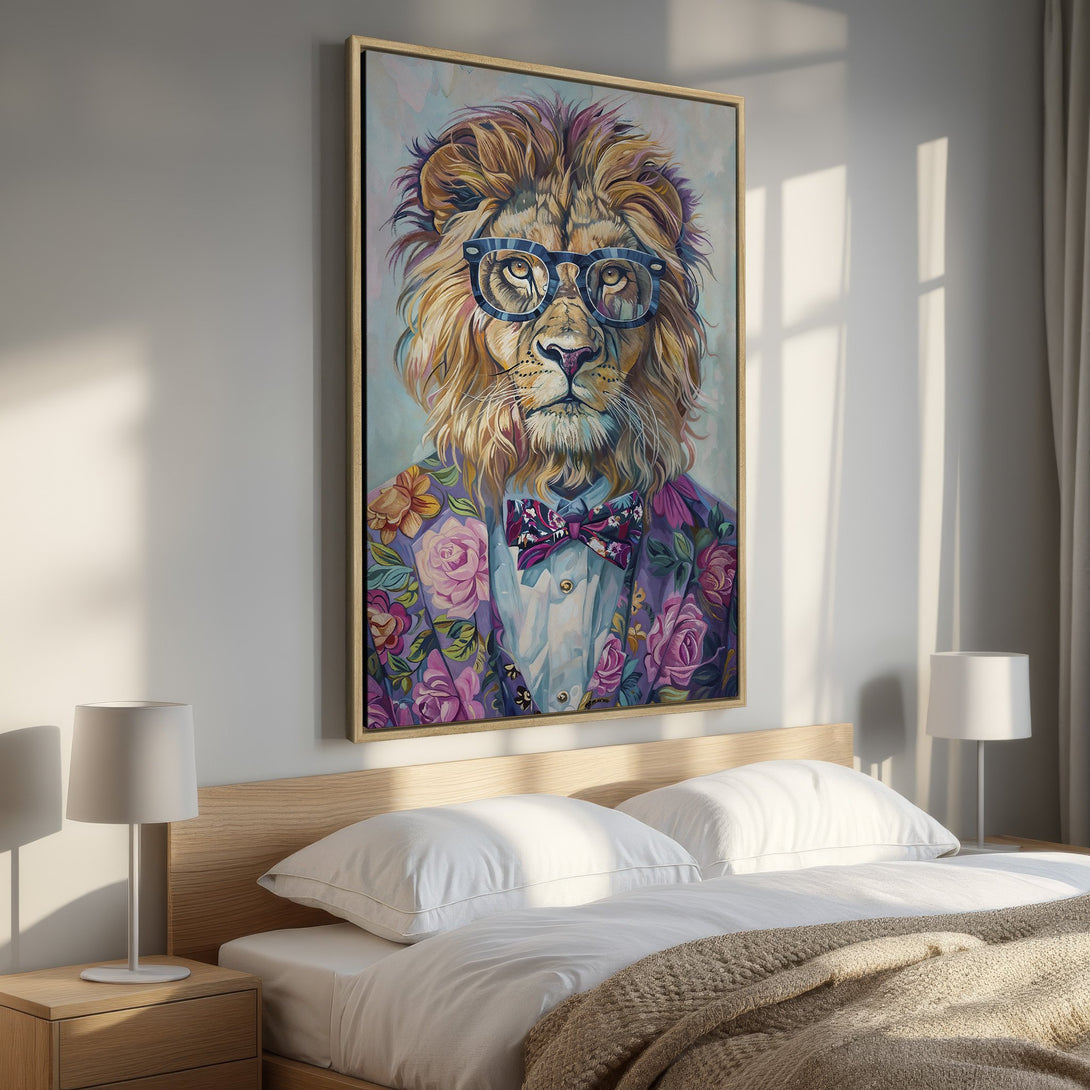Framed Wall Art featuring a dapper lion in a floral suit, vibrant colors. Perfect for adding personality to your bedroom decor!