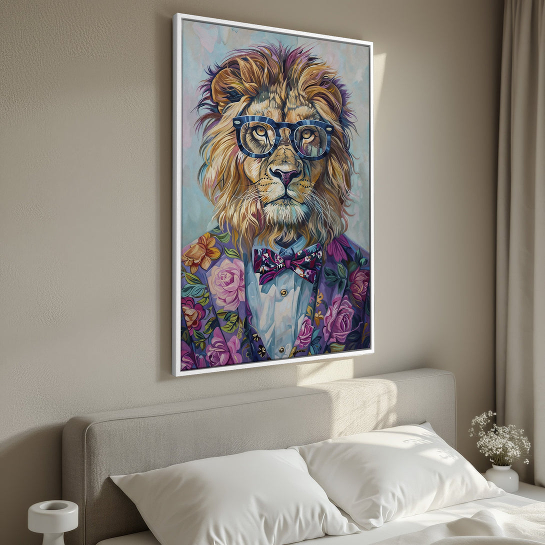 Framed Wall Art: Hipster lion portrait in colorful floral suit. Unique canvas print for a stylish home. Features blues, purples, and golds.