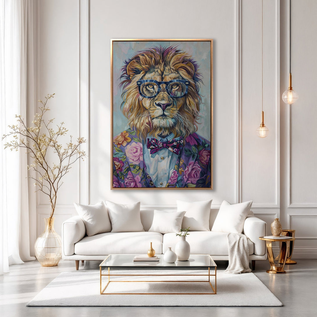 Framed Wall Art: Dapper lion portrait in a floral suit. Modern, colorful artwork with a gold frame. Perfect for living room decor.