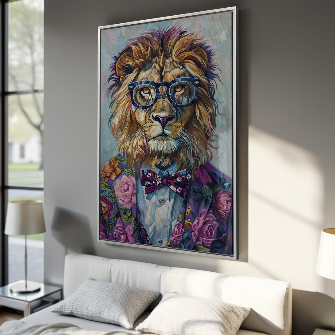Framed Wall Art: Stylish lion portrait with glasses & floral jacket. Colorful canvas art in a modern interior. Perfect for adding personality!