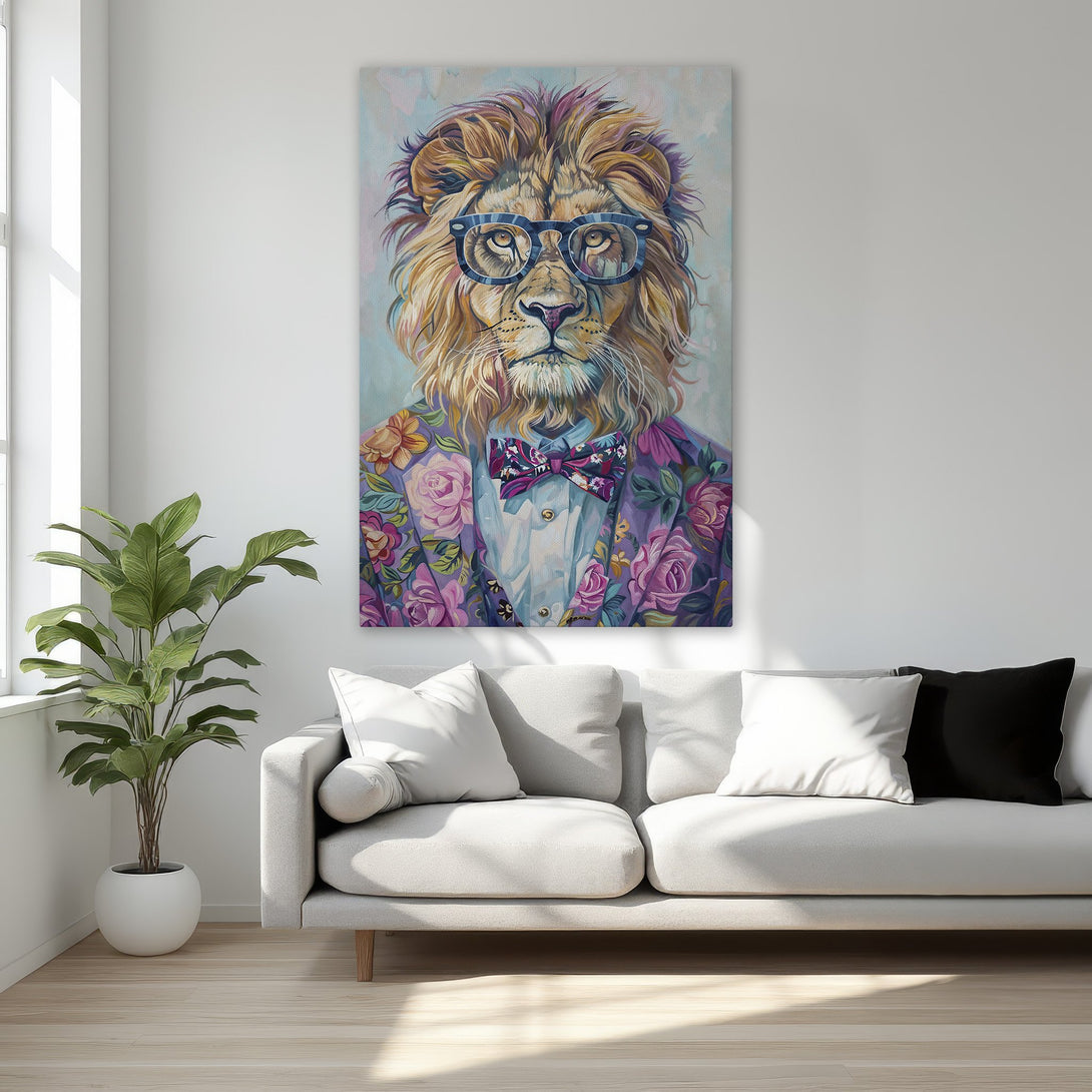 Framed Wall Art: Stylish lion portrait with glasses and floral suit. Vibrant purple, pink, and gold color palette. Perfect for adding personality to any room!