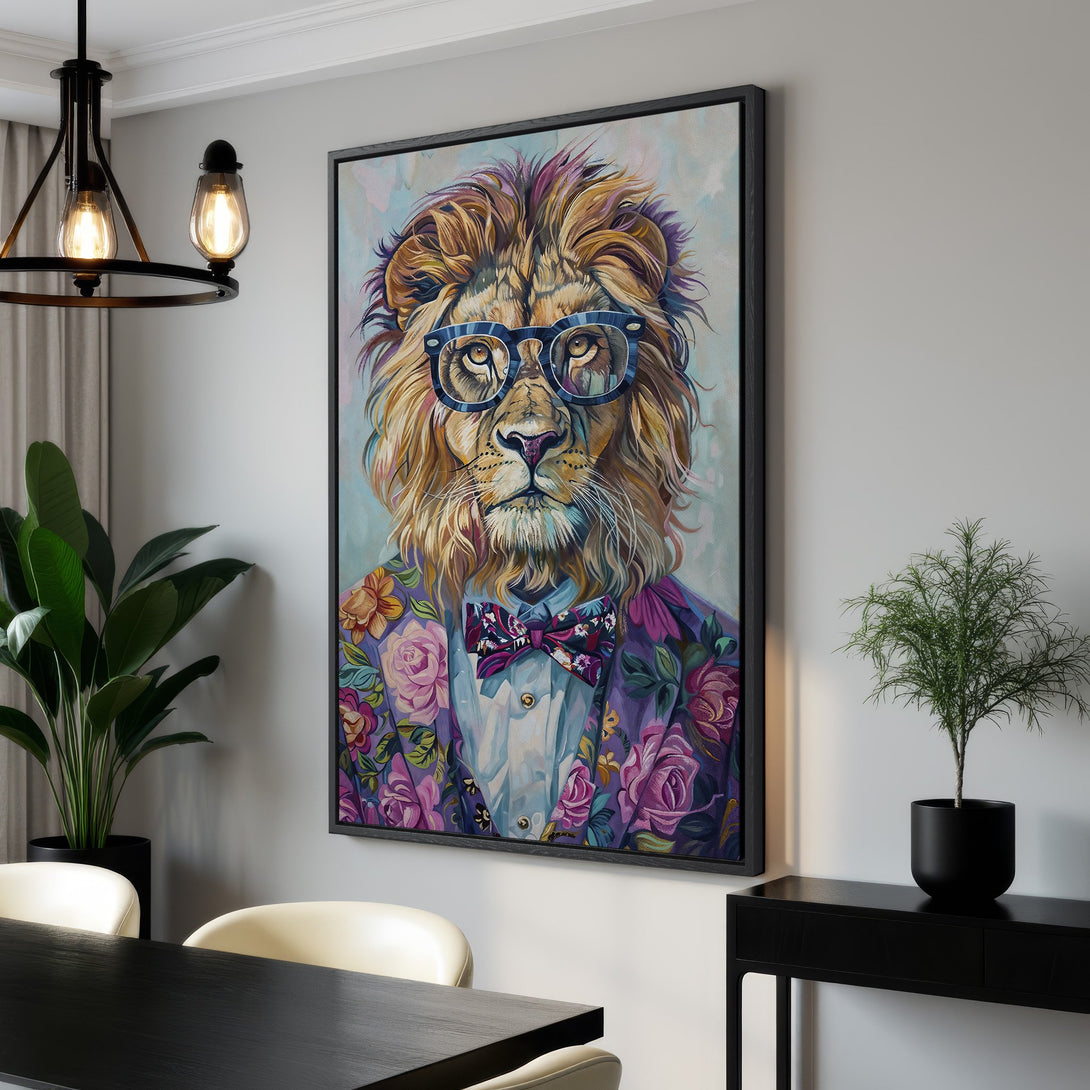 Framed Wall Art: Stylish lion portrait in a floral suit. Colorful, whimsical artwork with a purple, blue, and gold palette, perfect for modern home decor.