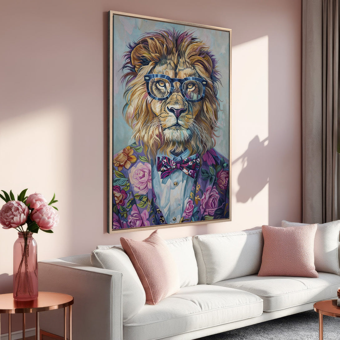 Framed Wall Art: Stylish lion portrait in colorful floral suit. Perfect for adding personality to your home decor. Features a pink, purple, and gold color palette.
