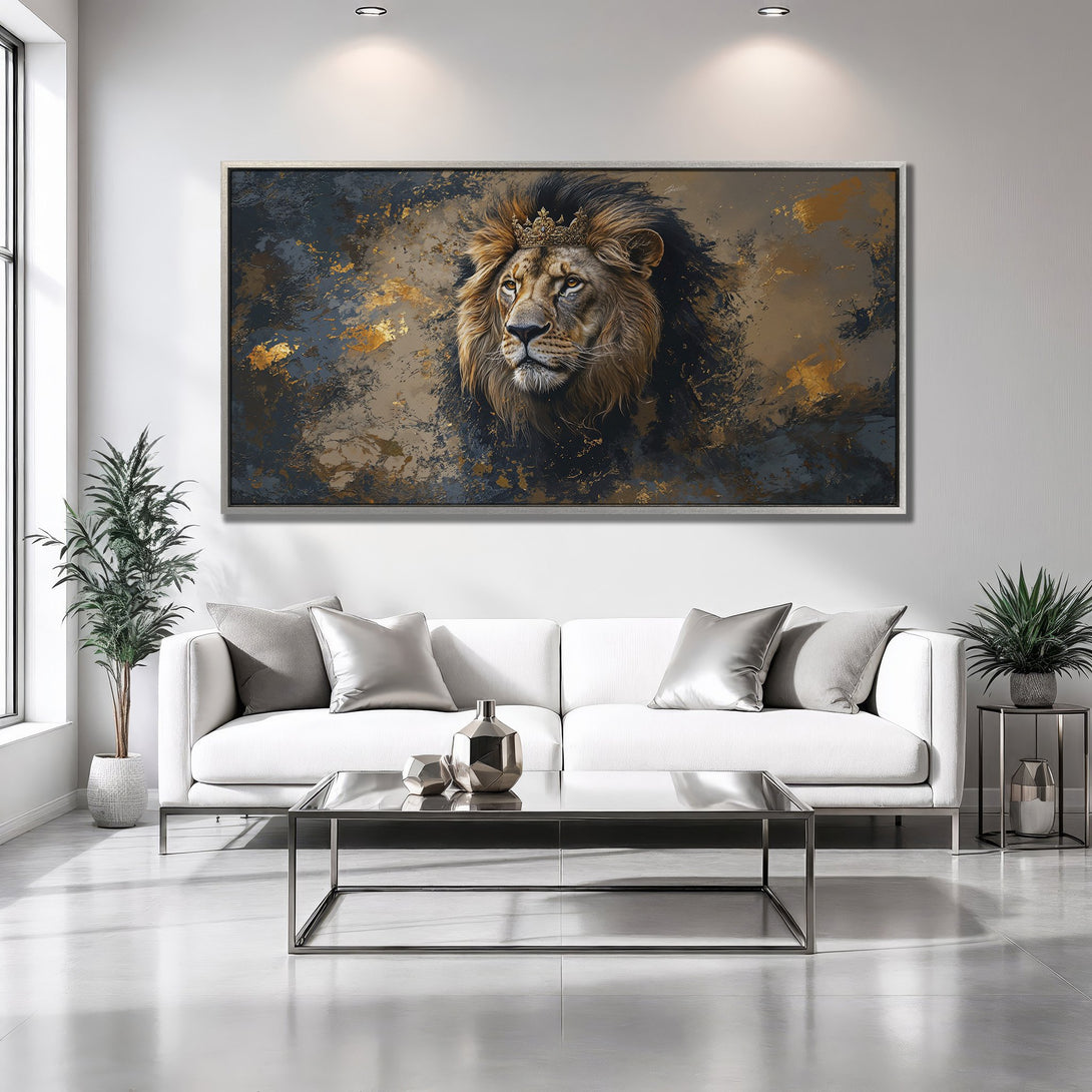 Framed Wall Art: Majestic lion portrait in a modern, abstract style. Earthy tones with gold accents create a luxurious and sophisticated aesthetic.