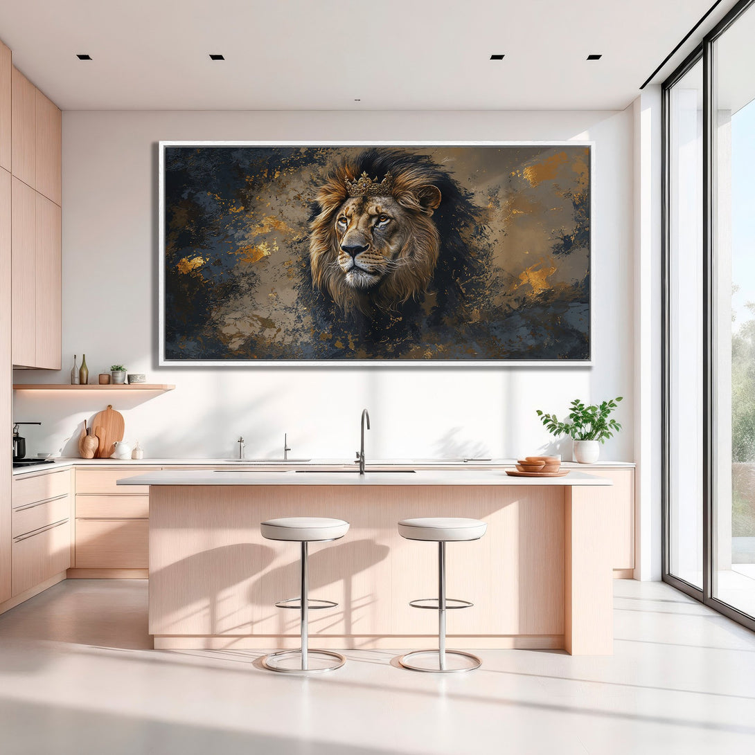 Framed Wall Art: Majestic lion portrait in a modern kitchen. Stunning gold, black, and brown abstract art. Elevate your space with this regal canvas print!