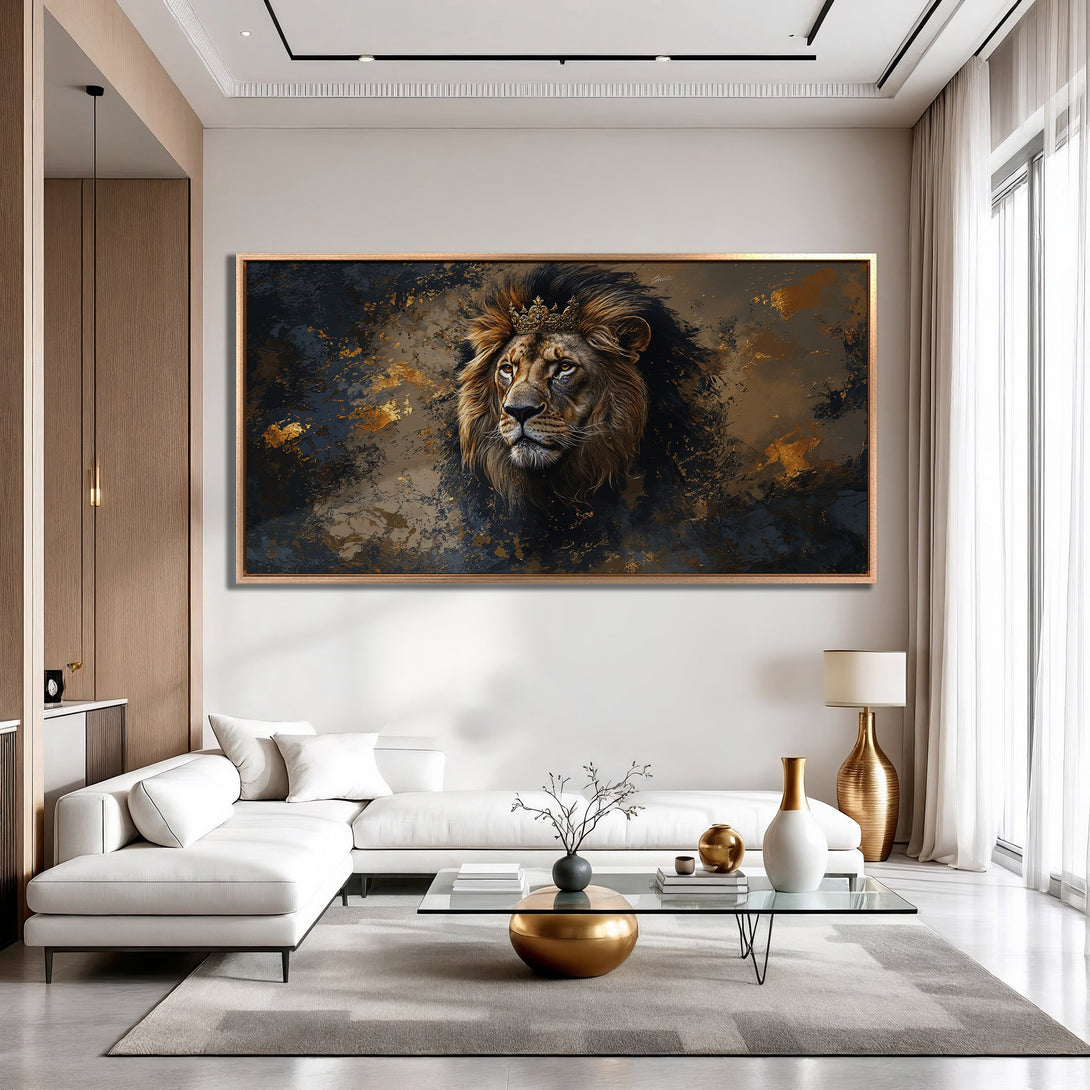 Framed Wall Art: Majestic lion portrait in a modern, abstract style. Rich gold, brown, and navy color palette, perfect for luxury home decor.