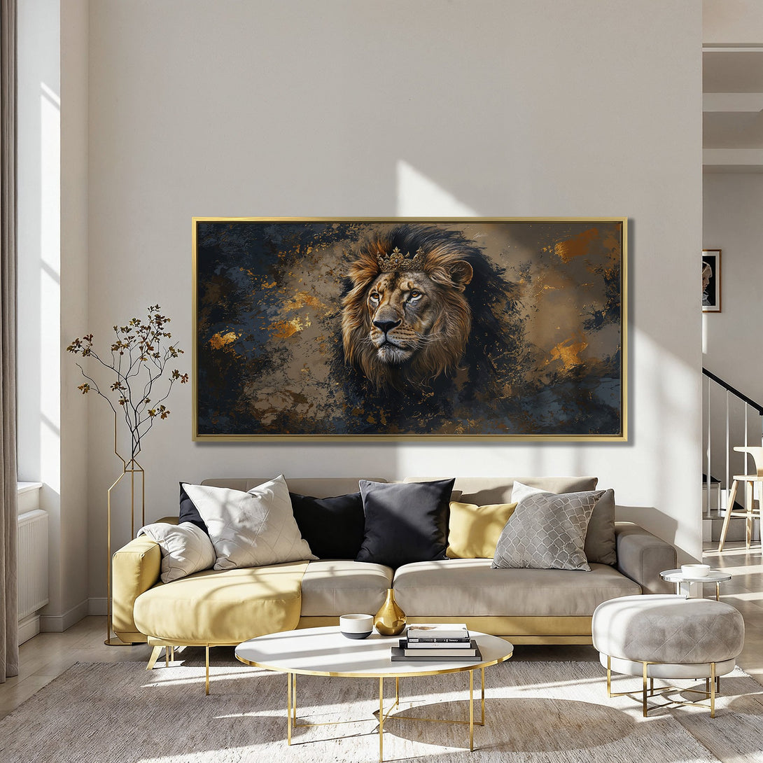 Canvas Print: Majestic lion art with gold accents. Dramatic, modern wall decor in a rich, dark color palette. Elevate your space with this stunning piece!