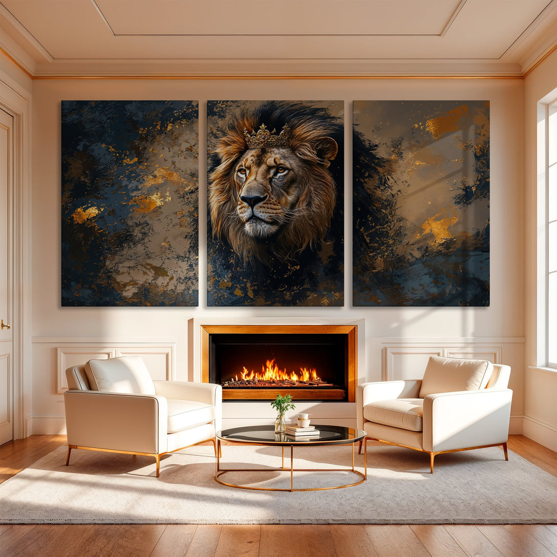 Canvas Print of a majestic lion with a crown. Abstract style with a dark, gold, and brown color palette, perfect for luxury home decor.