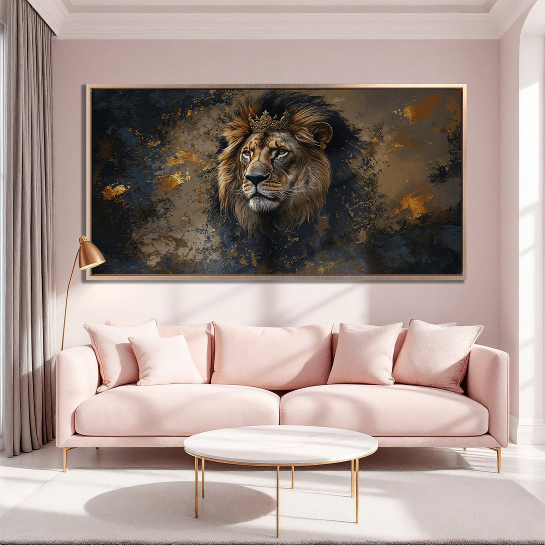 Framed Wall Art: Majestic lion portrait in an abstract style with a gold, black, and brown color palette. Perfect for adding a touch of luxury to your home.