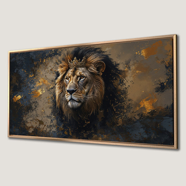 Framed Wall Art: Majestic lion portrait with a crown, in a dramatic, abstract style. Features a rich, gold, brown, and black color palette.