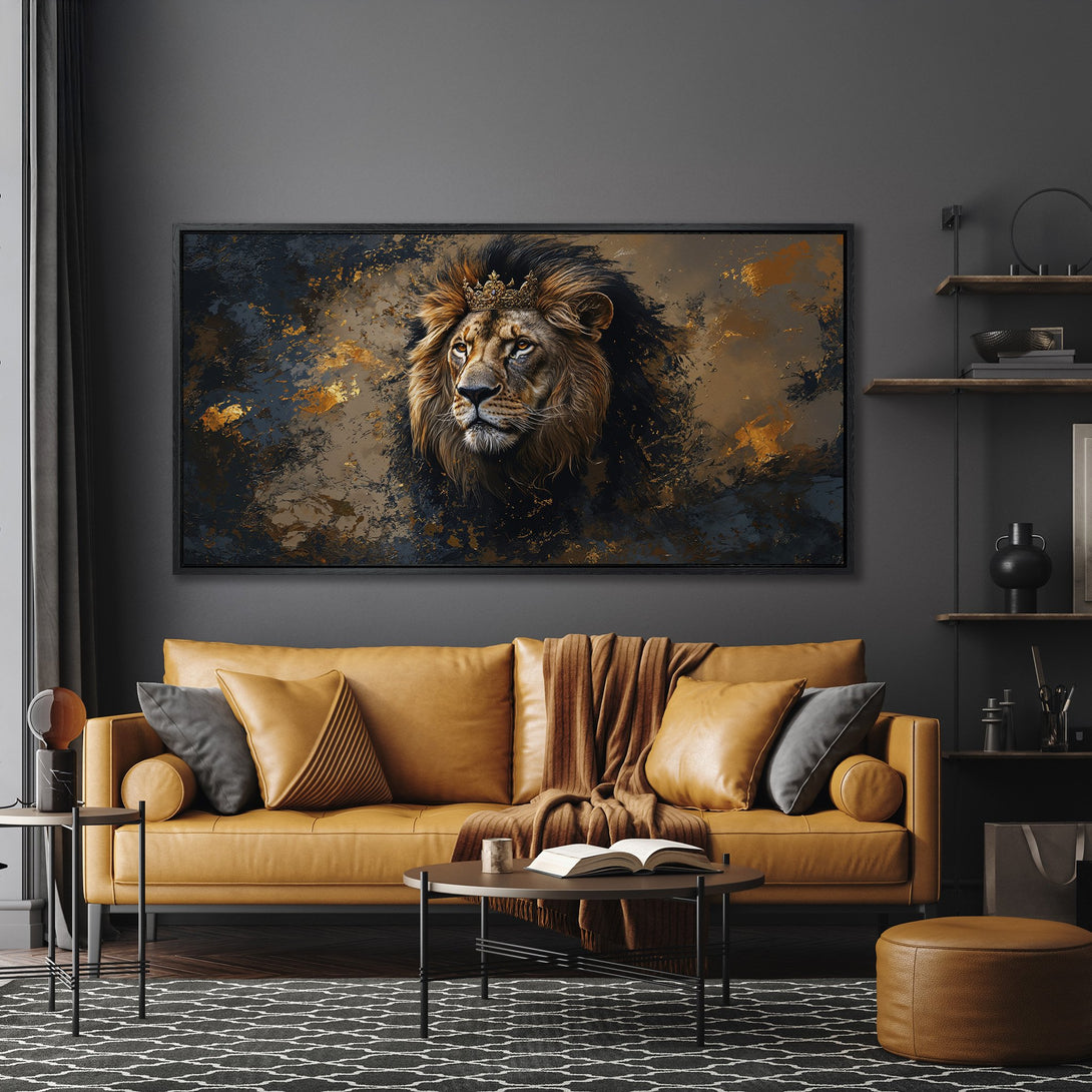 Framed Wall Art: Majestic lion canvas print in a modern living room. Features a gold, brown, and navy color palette. Perfect for a statement piece!