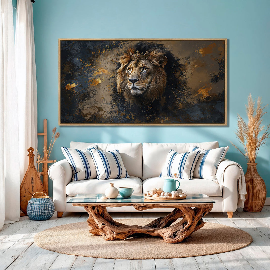 Framed Wall Art: Majestic lion portrait in gold and navy. Modern canvas print adds a touch of luxury to any space. Shop now!